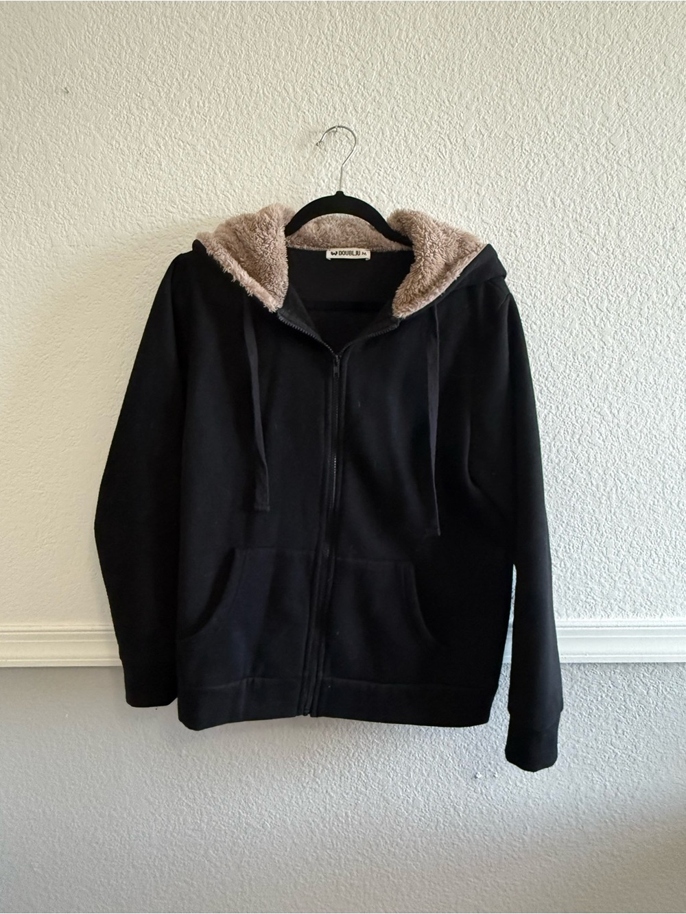 Doublju Black Zip-Up Hoodie with Cream Sherpa Lining